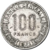 reverse of 100 Francs (1971 - 1972) coin with KM# 15 from Cameroon. Inscription: BANQUE CENTRALE 100 FRANCS 1972