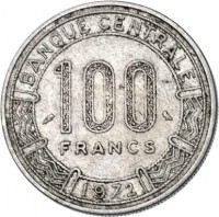 Cameroon coin 100 Francs (1971 - 1972) reverse reverse of 100 Francs (1971 - 1972) coin with KM# 15 from Cameroon. Inscription: BANQUE CENTRALE 100 FRANCS 1972
