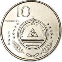 Cape Verde coin 10 Escudos - Birds: Grey-headed Kingfisher (Halcyon Leucocephala) (1994) obverse obverse of 10 Escudos - Birds: Grey-headed Kingfisher (Halcyon Leucocephala) (1994) coin with KM# 29 from Cape Verde. Inscription: 10 ESCUDOS REPÚBLICA DE CABO VERDE 1 9 9 4