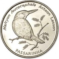 Cape Verde coin 10 Escudos - Birds: Grey-headed Kingfisher (Halcyon Leucocephala) (1994) reverse reverse of 10 Escudos - Birds: Grey-headed Kingfisher (Halcyon Leucocephala) (1994) coin with KM# 29 from Cape Verde. Inscription: Halcyon leucocephala Acteon Lesson PASSARINHA