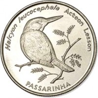 reverse of 10 Escudos - Birds: Grey-headed Kingfisher (Halcyon Leucocephala) (1994) coin with KM# 29 from Cape Verde. Inscription: Halcyon leucocephala Acteon Lesson PASSARINHA