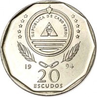 obverse of 20 Escudos - Birds: Brown Booby (1994) coin with KM# 30 from Cape Verde. Inscription: REPÚBLICA DE CABO VERDE 19 94 20 ESCUDOS