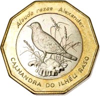 reverse of 100 Escudos - Birds: Raso Lark (Alauda Razae) (1994) coin with KM# 39a from Cape Verde. Inscription: Alauda razae Alexander CALHANDRA DO ILHÉU RASO