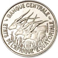 obverse of 100 Francs (1966 - 1968) coin with KM# 5 from Equatorial African States. Inscription: BANQUE CENTRALE ETATS DE L'AFRIQUE EQUATORIALE