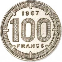 Equatorial African States coin 100 Francs (1966 - 1968) reverse reverse of 100 Francs (1966 - 1968) coin with KM# 5 from Equatorial African States. Inscription: 1967 100 FRANCS