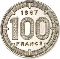 reverse of 100 Francs (1966 - 1968) coin with KM# 5 from Equatorial African States. Inscription: 1967 100 FRANCS
