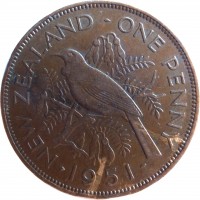 reverse of 1 Penny - George VI (1949 - 1952) coin with KM# 21 from New Zealand. Inscription: NEW ZEALAND · ONE PENNY · 1951 ·