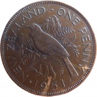 New Zealand coin 1 Penny - George VI (1949 - 1952) reverse reverse of 1 Penny - George VI (1949 - 1952) coin with KM# 21 from New Zealand. Inscription: NEW ZEALAND · ONE PENNY · 1951 ·
