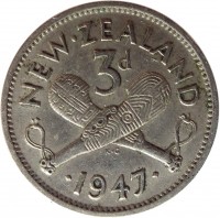 New Zealand coin 3 Pence - George VI (1947) reverse reverse of 3 Pence - George VI (1947) coin with KM# 7a from New Zealand. Inscription: NEW · ZEALAND 3d · 1947 ·