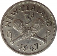 reverse of 3 Pence - George VI (1947) coin with KM# 7a from New Zealand. Inscription: NEW · ZEALAND 3d · 1947 ·