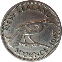 reverse of 6 Pence - George VI (1947) coin with KM# 8a from New Zealand. Inscription: NEW · ZEALAND SIXPENCE 1947