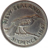 New Zealand coin 6 Pence - George VI (1947) reverse reverse of 6 Pence - George VI (1947) coin with KM# 8a from New Zealand. Inscription: NEW · ZEALAND SIXPENCE 1947
