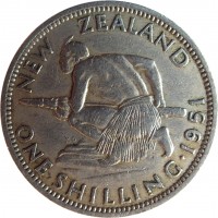 New Zealand coin 1 Shilling - George VI (1948 - 1952) reverse reverse of 1 Shilling - George VI (1948 - 1952) coin with KM# 17 from New Zealand. Inscription: NEW ZEALAND ONE SHILLING · 1951