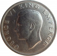 obverse of 1 Florin - George VI (1947) coin with KM# 10.2a from New Zealand. Inscription: GEORGE VI KING EMPEROR