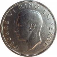 New Zealand coin 1 Florin - George VI (1947) obverse obverse of 1 Florin - George VI (1947) coin with KM# 10.2a from New Zealand. Inscription: GEORGE VI KING EMPEROR