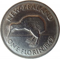 reverse of 1 Florin - George VI (1947) coin with KM# 10.2a from New Zealand. Inscription: NEW · ZEALAND ONE · FLORIN · 1947