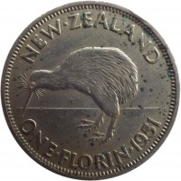 New Zealand coin 1 Florin - George VI (1948 - 1951) reverse reverse of 1 Florin - George VI (1948 - 1951) coin with KM# 18 from New Zealand. Inscription: NEW · ZEALAND ONE · FLORIN · 1951