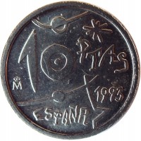reverse of 10 Pesetas - Juan Carlos I - Joan Miró (1993) coin with KM# 918 from Spain. Inscription: 10 PTAS 1993 ESPAÑA