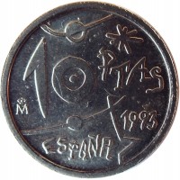 Spain coin 10 Pesetas - Juan Carlos I - Joan Miró (1993) reverse reverse of 10 Pesetas - Juan Carlos I - Joan Miró (1993) coin with KM# 918 from Spain. Inscription: 10 PTAS 1993 ESPAÑA