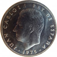 obverse of 100 Pesetas - Juan Carlos I (1976) coin with KM# 810 from Spain. Inscription: JUAN CARLOS REY DE ESPAÑA · 1975 ·