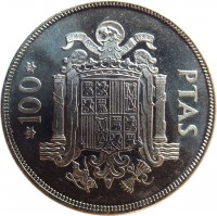 Spain coin 100 Pesetas - Juan Carlos I (1976) reverse reverse of 100 Pesetas - Juan Carlos I (1976) coin with KM# 810 from Spain. Inscription: 100 19 76 PTAS