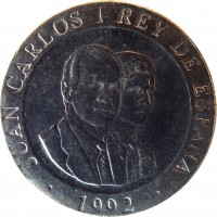 obverse of 200 Pesetas - Juan Carlos I - Madrid: European Culture Capital (1992) coin with KM# 910 from Spain. Inscription: JUAN CARLOS I REY DE ESPAÑA 1992