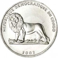 obverse of 25 Centimes - Animal: Weasel (2002) coin with KM# 76 from Congo - Democratic Republic. Inscription: REPUBLIQUE DEMOCRATIQUE DU CONGO 2002
