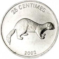 Congo - Democratic Republic coin 25 Centimes - Animal: Weasel (2002) reverse reverse of 25 Centimes - Animal: Weasel (2002) coin with KM# 76 from Congo - Democratic Republic. Inscription: 25 CENTIMES 2002