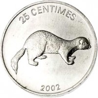 reverse of 25 Centimes - Animal: Weasel (2002) coin with KM# 76 from Congo - Democratic Republic. Inscription: 25 CENTIMES 2002