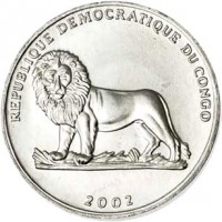 obverse of 25 Centimes - Animal: Goat (2002) coin with KM# 77 from Congo - Democratic Republic. Inscription: REPUBLIQUE DEMOCRATIQUE DU CONGO 2002