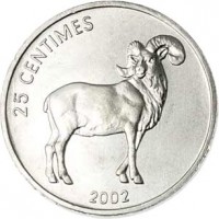 reverse of 25 Centimes - Animal: Goat (2002) coin with KM# 77 from Congo - Democratic Republic. Inscription: 25 CENTIMES 2002