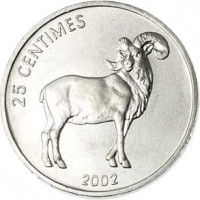 Congo - Democratic Republic coin 25 Centimes - Animal: Goat (2002) reverse reverse of 25 Centimes - Animal: Goat (2002) coin with KM# 77 from Congo - Democratic Republic. Inscription: 25 CENTIMES 2002