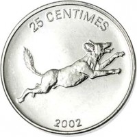 reverse of 25 Centimes - Animal: African Wild Dog (2002) coin with KM# 83 from Congo - Democratic Republic. Inscription: 25 CENTIMES 2002