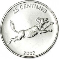 Congo - Democratic Republic coin 25 Centimes - Animal: African Wild Dog (2002) reverse reverse of 25 Centimes - Animal: African Wild Dog (2002) coin with KM# 83 from Congo - Democratic Republic. Inscription: 25 CENTIMES 2002