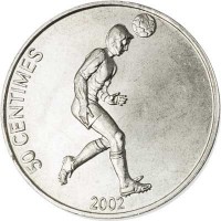 reverse of 50 Centimes - Soccer (2002) coin with KM# 75 from Congo - Democratic Republic. Inscription: 50 CENTIMES 2002