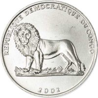 obverse of 50 Centimes - Animal: Giraffe (2002) coin with KM# 78 from Congo - Democratic Republic. Inscription: REPUBLIQUE DEMOCRATIQUE DU CONGO 2002