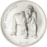 reverse of 50 Centimes - Animal: Gorilla (2002) coin with KM# 79 from Congo - Democratic Republic. Inscription: 50 CENTIMES 2002