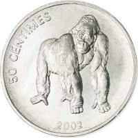 Congo - Democratic Republic coin 50 Centimes - Animal: Gorilla (2002) reverse reverse of 50 Centimes - Animal: Gorilla (2002) coin with KM# 79 from Congo - Democratic Republic. Inscription: 50 CENTIMES 2002
