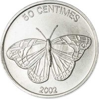 reverse of 50 Centimes - Animal: Butterfly (2002) coin with KM# 80 from Congo - Democratic Republic. Inscription: 50 CENTIMES 2002
