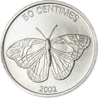 Congo - Democratic Republic coin 50 Centimes - Animal: Butterfly (2002) reverse reverse of 50 Centimes - Animal: Butterfly (2002) coin with KM# 80 from Congo - Democratic Republic. Inscription: 50 CENTIMES 2002