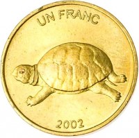Congo - Democratic Republic coin 1 Franc - Animal: Turtle (2002) reverse reverse of 1 Franc - Animal: Turtle (2002) coin with KM# 81 from Congo - Democratic Republic. Inscription: UN FRANC 2002