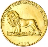 obverse of 1 Franc - Animal: Cock (2002) coin with KM# 82 from Congo - Democratic Republic. Inscription: REPUBLIQUE DEMOCRATIQUE DU CONGO 2002