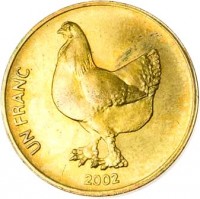 Congo - Democratic Republic coin 1 Franc - Animal: Cock (2002) reverse reverse of 1 Franc - Animal: Cock (2002) coin with KM# 82 from Congo - Democratic Republic. Inscription: UN FRANC 2002