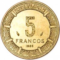 Equatorial Guinea coin 5 Francos (1985) reverse reverse of 5 Francos (1985) coin with KM# 62 from Equatorial Guinea. Inscription: BANQUE DES ETATS DE L'AFRIQUE CENTRALE 5 FRANCOS 1985