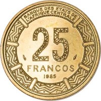 Equatorial Guinea coin 25 Francos (1985) reverse reverse of 25 Francos (1985) coin with KM# 60 from Equatorial Guinea. Inscription: BANQUE DES ETATS DE L'AFRIQUE CENTRALE 25 FRANCOS 1985