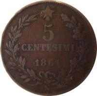 reverse of 5 Centesimi - Vittorio Emanuele II (1861 - 1867) coin with KM# 3 from Italy. Inscription: 5 CENTESIMI 1861 N