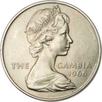 Gambia coin 2 Shillings - Elizabeth II - 2'nd Portrait (1966) obverse obverse of 2 Shillings - Elizabeth II - 2'nd Portrait (1966) coin with KM# 5 from Gambia. Inscription: THE GAMBIA 1966