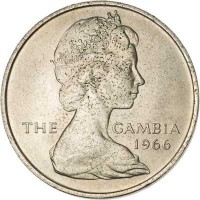 obverse of 4 Shillings - Elizabeth II - 2'nd Portrait (1966) coin with KM# 6 from Gambia. Inscription: THE GAMBIA 1966