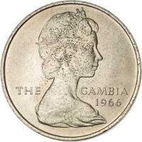 Gambia coin 4 Shillings - Elizabeth II - 2'nd Portrait (1966) obverse obverse of 4 Shillings - Elizabeth II - 2'nd Portrait (1966) coin with KM# 6 from Gambia. Inscription: THE GAMBIA 1966