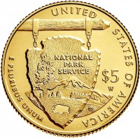 reverse of 5 Dollars - 100th Anniversary of the National Park Service (2016) coin with KM# 646 from United States. Inscription: UNITED STATES OF AMERICA NATIONAL PARK SERVICE E PLURIBUS UNUM $5 W